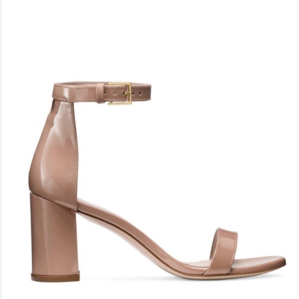 Stuart Weitzman “Less Nudist 75” Patent Leather Block Heel Sandals, Sz 9M - Picture 11 of 11